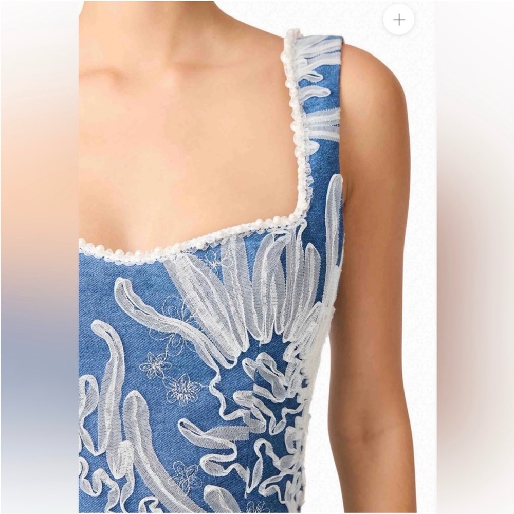 elliatt anneliese blue denim pearl & ribbon embroidered mini dress large NEW - Picture 5 of 12